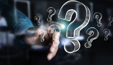 Elle çizilmiş soru işaretleri dokunmadan işadamı