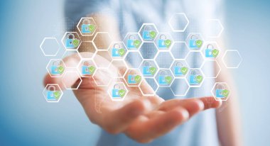 Elle çizilmiş bir virüsten koruma sistemi tutan işadamı