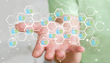 Elle çizilmiş bir virüsten koruma sistemi tutan işadamı