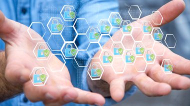 Elle çizilmiş bir virüsten koruma sistemi tutan işadamı