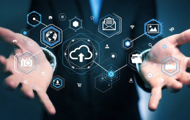 Dijital bulut arabirimi 3d rendering kullanarak iş adamı