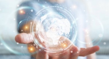 İşadamı hologram ekran dijital veriler 3d renderin ile kullanma