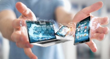 Teknoloji cihazları birbirine 3d render bağlamak işadamı