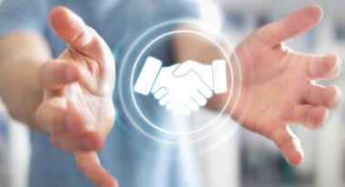 Ortaklık iş için dijital sunum kullanarak iş adamı 