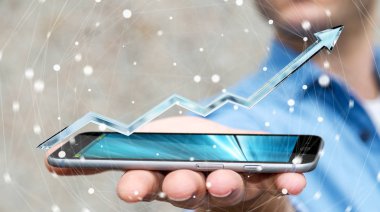 Dijital mavi ok 3d render tutan işadamı