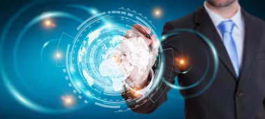 Dijital veriler dokunsal kalemle 3d render hareketli iş adamı