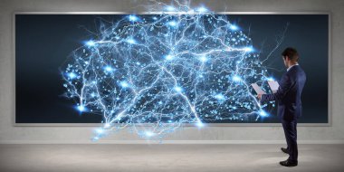 Üzerinde bir kurulu 3d renderin dijital beyin arabirimini kullanarak iş adamı