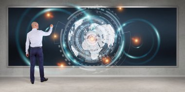 Yönetim Kurulu 3d r üzerinde dijital planet earth arabirimini kullanarak iş adamı