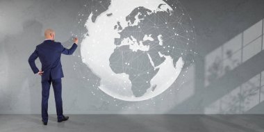 Bir duvar 3d re dijital planet earth arabirimini kullanarak iş adamı