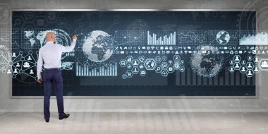 Üzerinde bir kurulu 3d renderin grafik ekranlar arabirimini kullanarak iş adamı