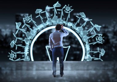 İş adamı izlerken yenilenebilir enerji kroki üzerinde bir çatı 3d ren