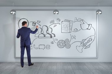 Bir proje çizim işadamı bir yönetim kurulu 3d render kroki