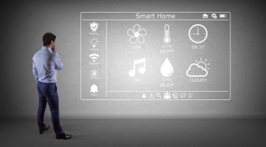Bir duvar 3d render SmartHome arabirimini kullanarak iş adamı