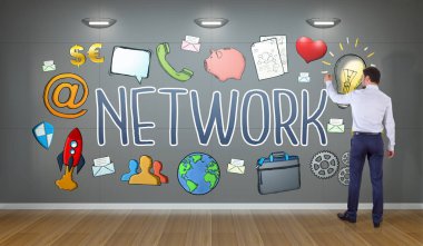 İşadamı çizim sosyal ağ kroki üzerinde bir duvar 3d render