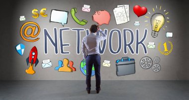 İş adamı izlerken sosyal ağ kroki üzerinde duvar 3d renderin