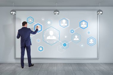 Bir kurulu 3d renderi sosyal ağ arabirimini kullanarak iş adamı