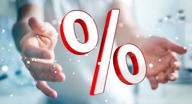 Beyaz ve kırmızı satış simgeler 3d render uçan kullanarak iş adamı