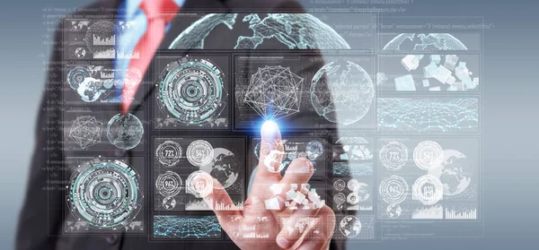 Dijital ekranlar hologramlar veriler 3d render ile kullanarak iş adamı