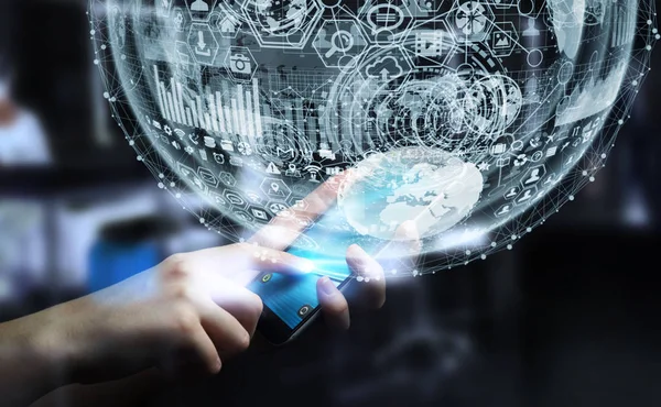 Affärsman holding hologram sphere 3d-rendering — Stockfoto