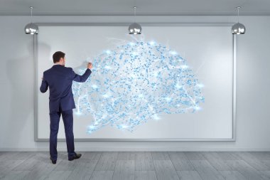 Üzerinde bir kurulu 3d renderin dijital beyin arabirimini kullanarak iş adamı