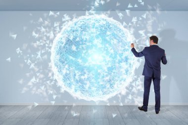 Bir duvar 3d re dijital planet earth arabirimini kullanarak iş adamı
