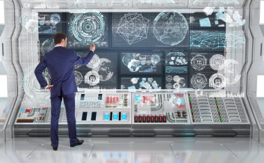 Üzerinde bir kurulu 3d renderin grafik ekranlar arabirimini kullanarak iş adamı