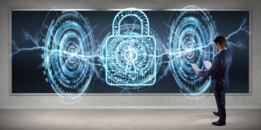 Bir kurulu 3d render virüsten koruma arabirimini kullanarak iş adamı