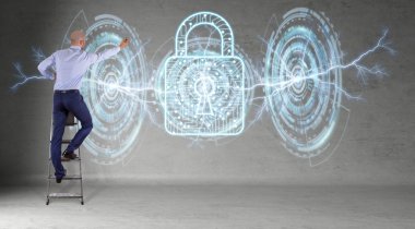 Bir duvar 3d render virüsten koruma arabirimini kullanarak iş adamı