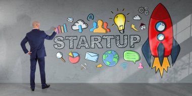 İşadamı çizim başlangıç kroki bir duvara 3d render