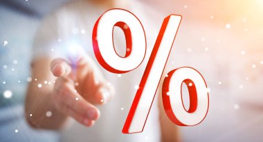 Beyaz ve kırmızı satış simgeler 3d render uçan kullanarak iş adamı