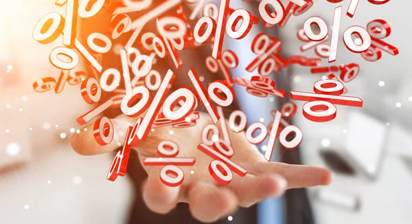 Businessman using white and red sales flying icons 3D rendering — Stock Photo, Image