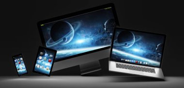 Karanlık modern bilgisayar dizüstü cep telefonu ve tablet 3d render