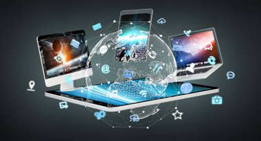 Teknik cihazlar ile simgeleri ve grafikleri 3d render uçan