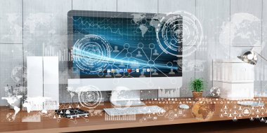 Çalışma alanı modern cihazlar ve hologram ekranlar 3d render ile