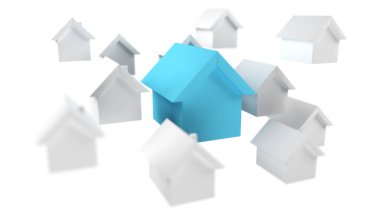 3D işlenmiş küçük beyaz ve mavi ev