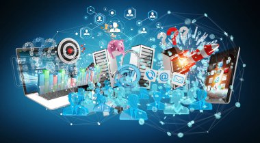 Aygıtlar ve iş nesneleri 3d render birbirine bağlı