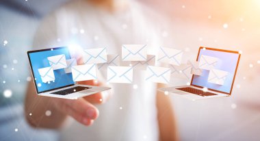 İşadamı onun dijital cihazlar 3d renderin üzerinde e-posta alma