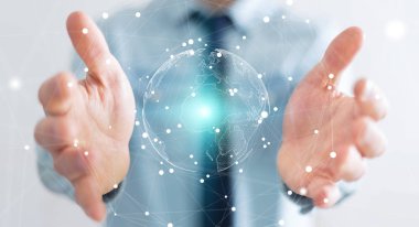 Uçan Dünya ağ arabirimi 3d işlemesini kullanan iş adamı