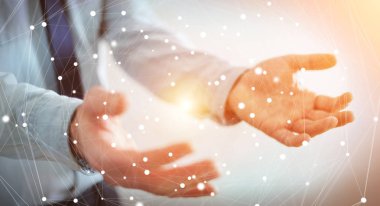 Uçan ağ bağlantısı arabirimi 3d renderi kullanarak iş adamı