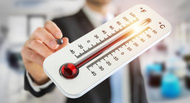 İşadamı sıcaklık yükselişi 3d işleme denetimi