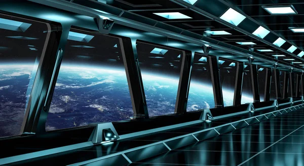 Corredor da nave espacial com vista para o planeta Terra 3D renderização el — Fotografia de Stock