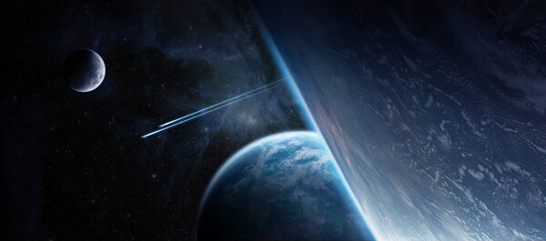 View of a distant planet system from space during a sunrise 3D rendering elements of this image furnished by NASA