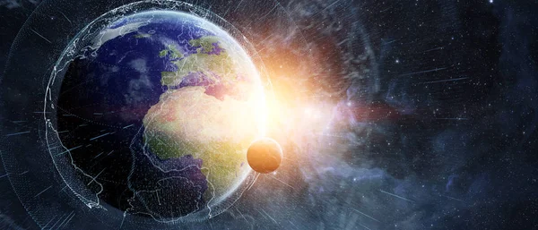 Wereldwijde netwerk en datas uitwisselingen over de planeet aarde 3d rend — Stockfoto