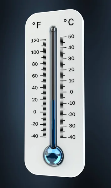 3d rendern kaltes weißes Thermometer, das niedrige Temperatur anzeigt — Stockfoto