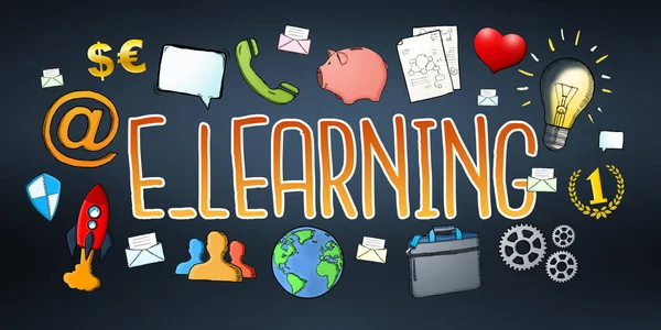 Hand-drawn e-learning text with icons — Stock Photo, Image