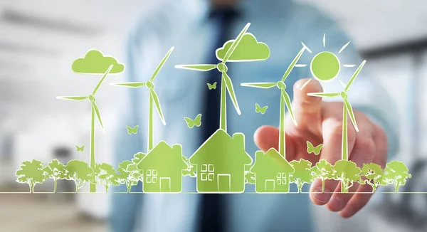 Бизнесмен трогает эскиз возобновляемых источников энергии — стоковое фото