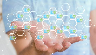 Elle çizilmiş bir virüsten koruma sistemi tutan işadamı