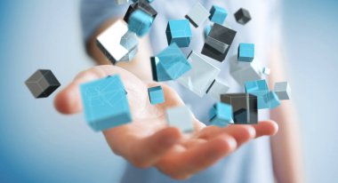 Mavi parlak küp ağ 3d renderin yüzen tutan işadamı