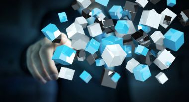 Kayan mavi parlak küp ağ 3d renderi dokunmadan işadamı