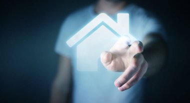 3D işleme simgesini ev parmağıyla dokunmadan işadamı